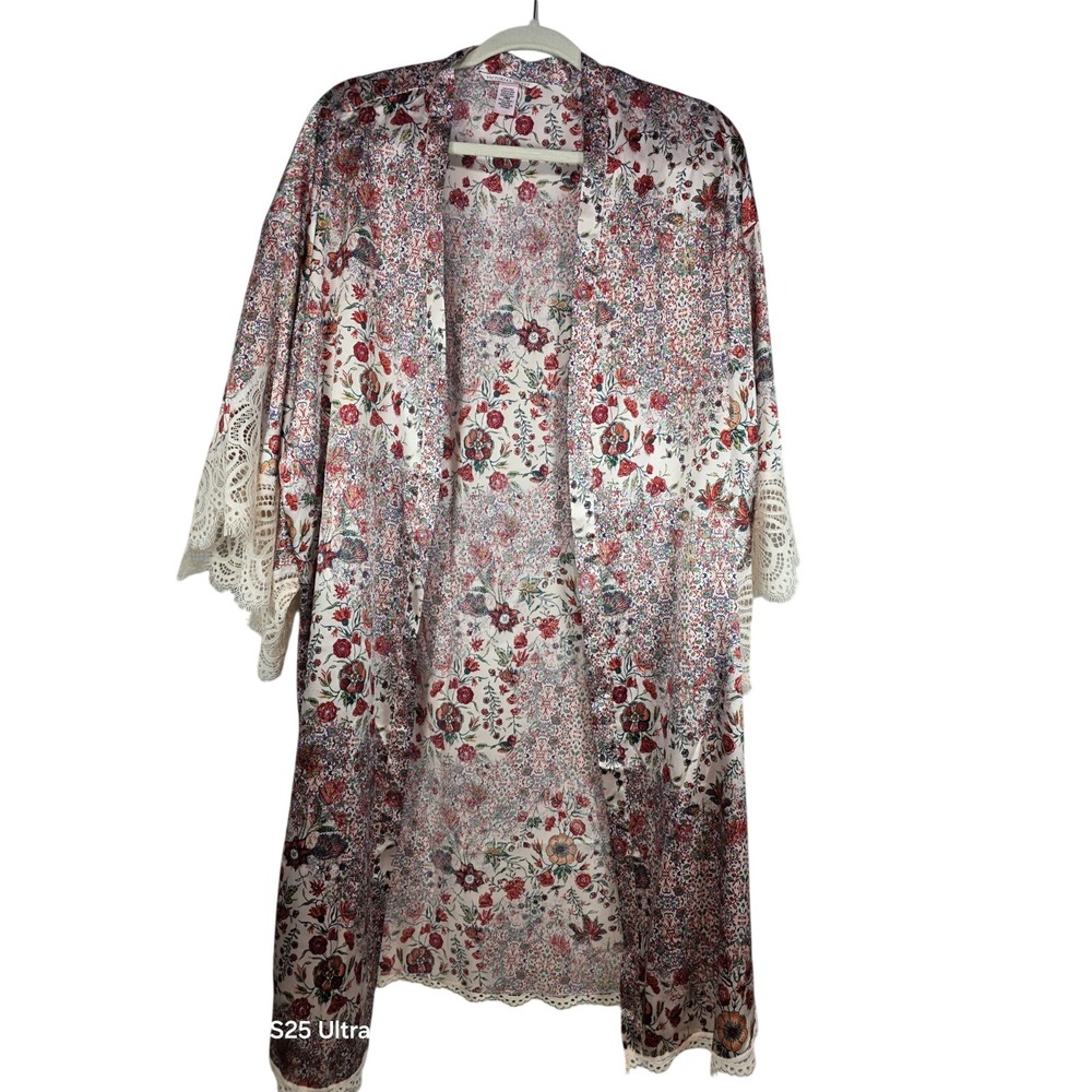 Victorias Secret Womens XS S Satin Floral Lace Trim Open Front Kimono Robe